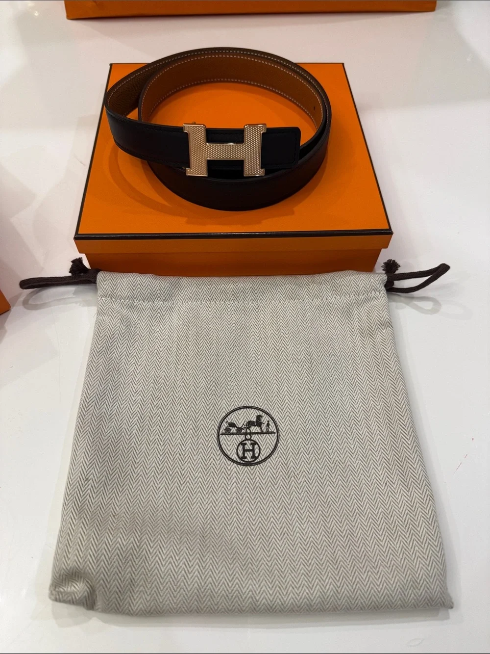 Hermès Black Leather Belt with Gold H Buckle